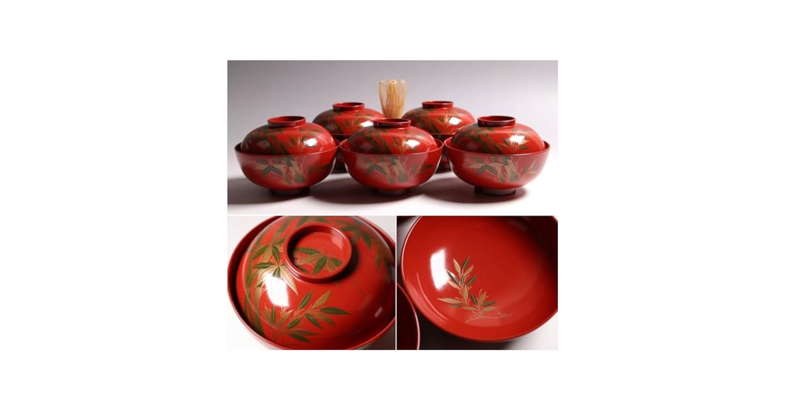 CG34 輪島塗 時代木製漆器 竹笹蒔絵 朱塗御吸物椀 五客 / 伝統漆芸茶